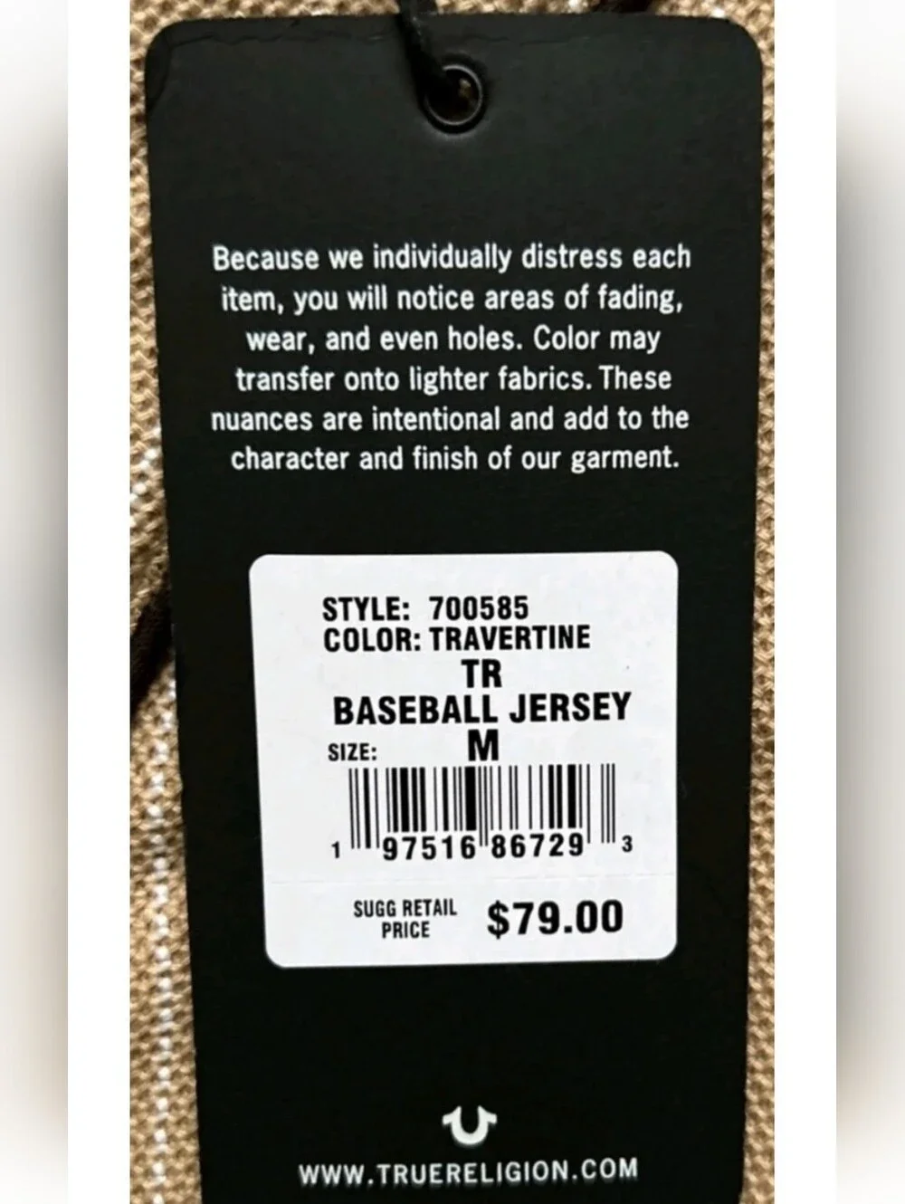 TRUE RELIGION: MEN'S LOGO BASEBALL JERSEY: BEIGE: SIZE: MEDIUM: BRAND NEW